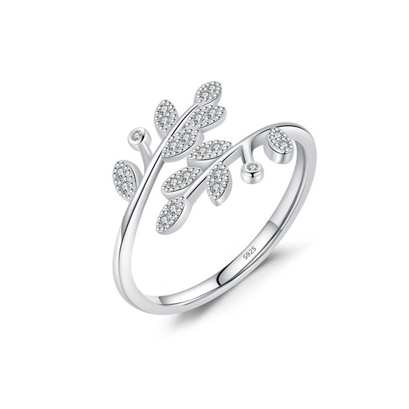 Wholesale Women's S925 Sterling Silver Microinlaid Zircon Leaf Open Ring Simple Fashion Finger Ring