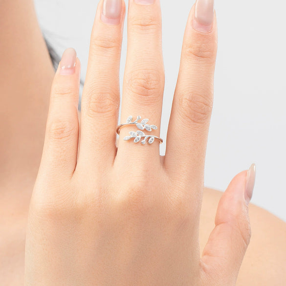 Wholesale Women's S925 Sterling Silver Microinlaid Zircon Leaf Open Ring Simple Fashion Finger Ring