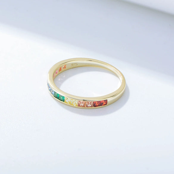 Wholesale Women's S925 Sterling Silver Micropaved Square Rainbow Zircon Ring With Geometric Design