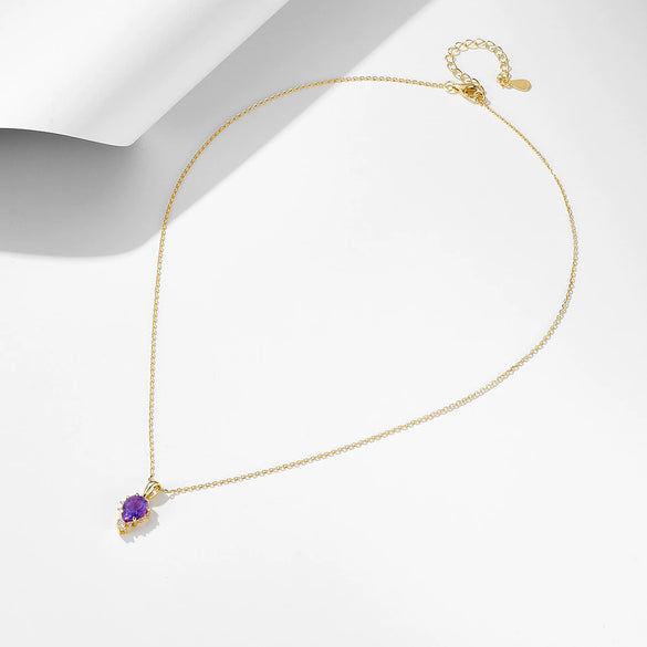 Wholesale Women's S925 Sterling Silver Natural Amethyst Drop Shape Pendant Necklace Set With Precious Stones
