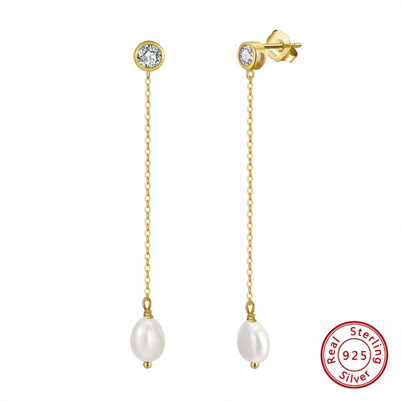 Wholesale Women's S925 Sterling Silver Natural Freshwater Pearl Baroque Geometric Earrings With Zircon