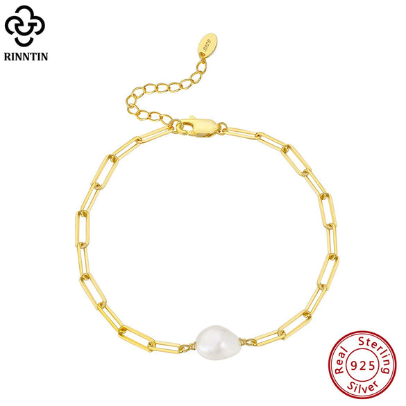 Wholesale Women's S925 Sterling Silver Natural Freshwater Pearl Geometric Style Bracelet With Electroplating