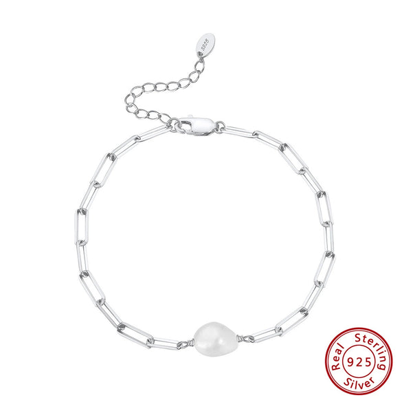 Wholesale Women's S925 Sterling Silver Natural Freshwater Pearl Geometric Style Bracelet With Electroplating