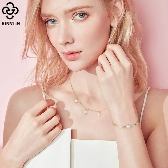 Wholesale Women's S925 Sterling Silver Natural Freshwater Pearl Geometric Style Bracelet With Electroplating