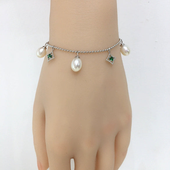 Wholesale Women's S925 Sterling Silver Natural Freshwater Seedless Pearl Bracelet In Rice And Water Drop Shapes