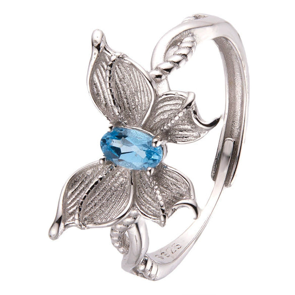 Wholesale Women's S925 Sterling Silver Natural Topaz Color Double Three Dimensional Butterfly Design Ring Set With Gems