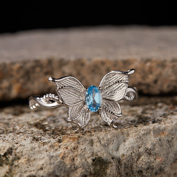 Wholesale Women's S925 Sterling Silver Natural Topaz Color Double Three Dimensional Butterfly Design Ring Set With Gems