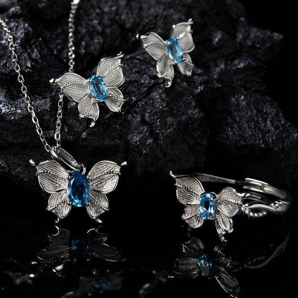 Wholesale Women's S925 Sterling Silver Natural Topaz Color Double Three Dimensional Butterfly Design Ring Set With Gems