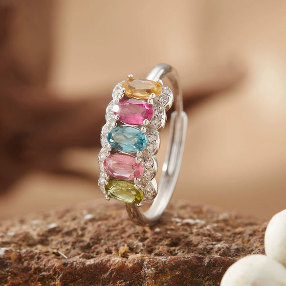 Wholesale Women's S925 Sterling Silver Natural Tourmaline Colored Gemstone Geometric Ring Sweet Style