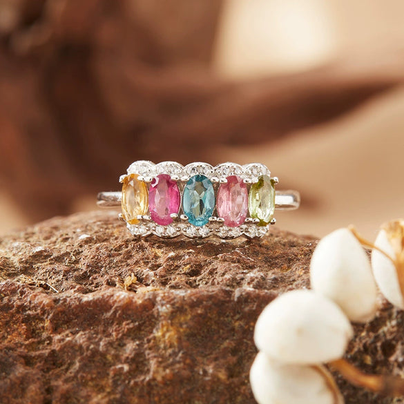 Wholesale Women's S925 Sterling Silver Natural Tourmaline Colored Gemstone Geometric Ring Sweet Style