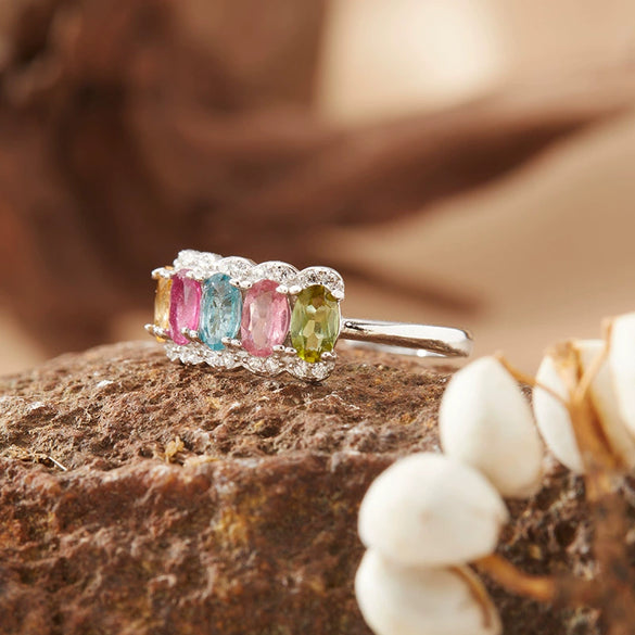 Wholesale Women's S925 Sterling Silver Natural Tourmaline Colored Gemstone Geometric Ring Sweet Style