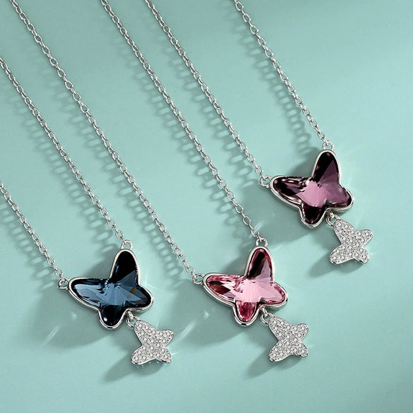 Wholesale Women's S925 Sterling Silver Necklace With Butterfly And Bow Pattern And Austrian Crystal Pendant Ochain