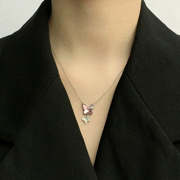 Wholesale Women's S925 Sterling Silver Necklace With Butterfly And Bow Pattern And Austrian Crystal Pendant Ochain