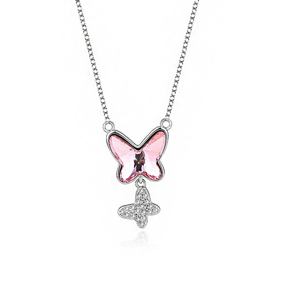 Wholesale Women's S925 Sterling Silver Necklace With Butterfly And Bow Pattern And Austrian Crystal Pendant Ochain