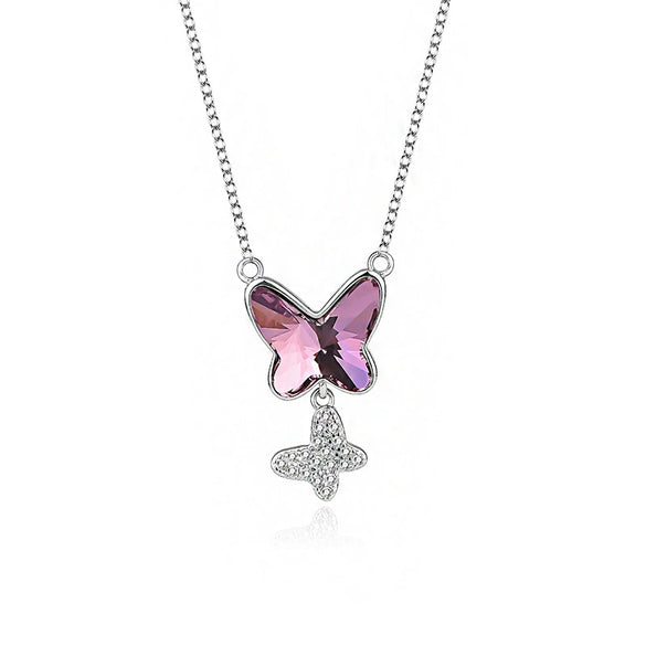 Wholesale Women's S925 Sterling Silver Necklace With Butterfly And Bow Pattern And Austrian Crystal Pendant Ochain