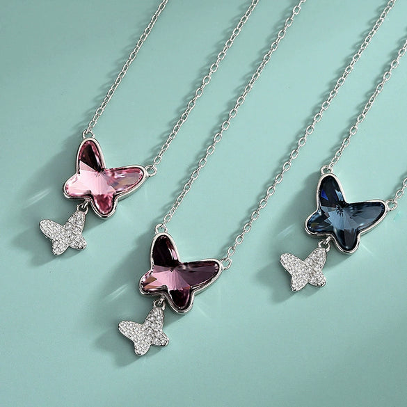Wholesale Women's S925 Sterling Silver Necklace With Butterfly And Bow Pattern And Austrian Crystal Pendant Ochain