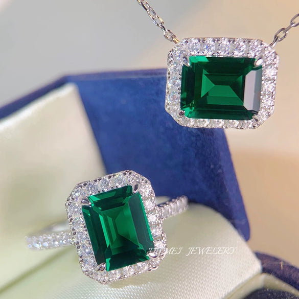 Wholesale Women's S925 Sterling Silver Necklace With Emerald Cut Colored Gemstone Square Full Diamond And Geometric Style