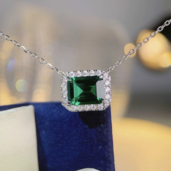 Wholesale Women's S925 Sterling Silver Necklace With Emerald Cut Colored Gemstone Square Full Diamond And Geometric Style
