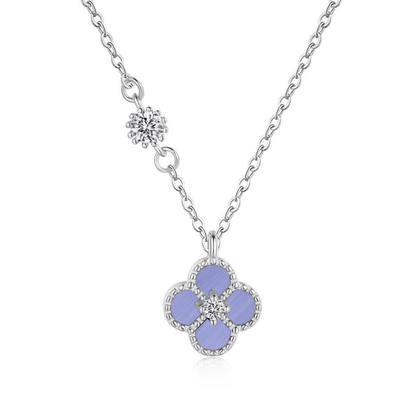 Wholesale Women's S925 Sterling Silver Necklace With Mixed Gemstone Inlay Four Leaf Clover Pendant Electroplated Cross Chain Style