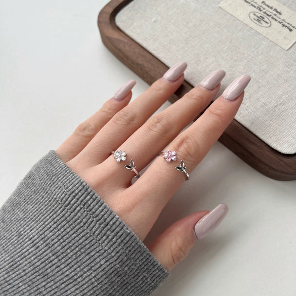 Wholesale Women's S925 Sterling Silver Open Ring With Peach Blossom And Zircon Inlaid In Butterfly Shape Geometric Pattern Electroplated