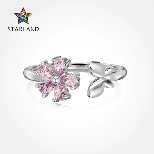 Wholesale Women's S925 Sterling Silver Open Ring With Peach Blossom And Zircon Inlaid In Butterfly Shape Geometric Pattern Electroplated