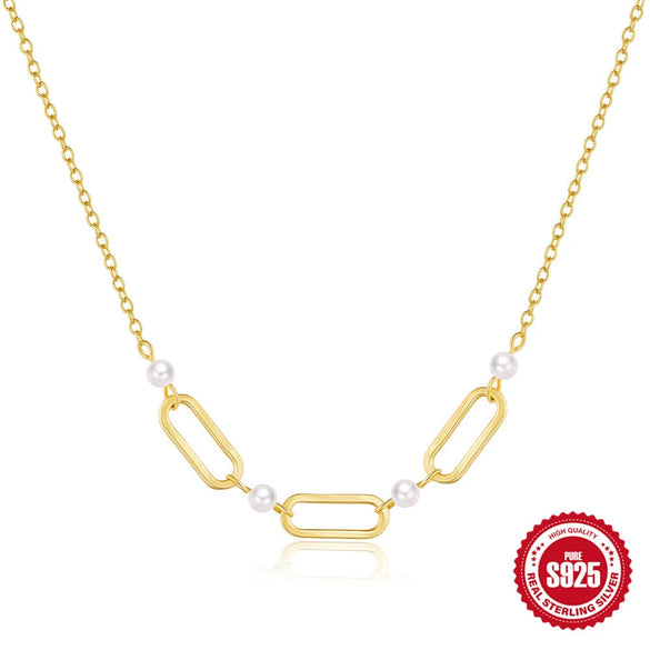 Wholesale Women's S925 Sterling Silver Oval Hollow Pearl Necklace With O Chain And Geometric Design Electroplated