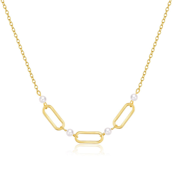 Wholesale Women's S925 Sterling Silver Oval Hollow Pearl Necklace With O Chain And Geometric Design Electroplated