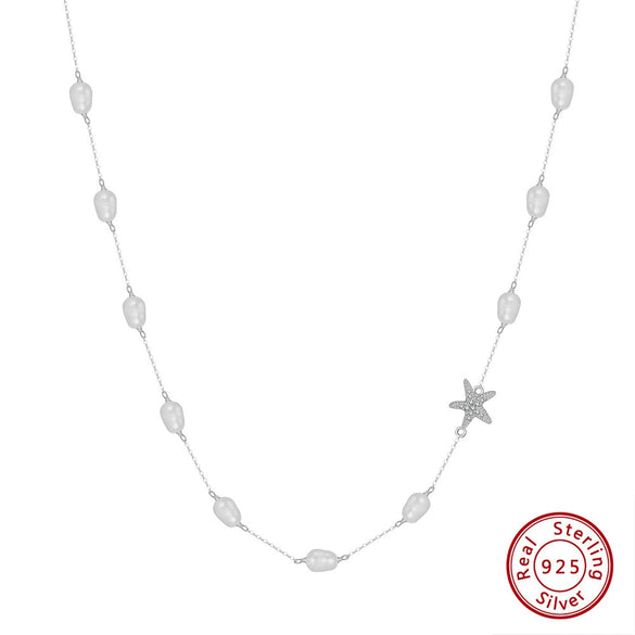 Wholesale Women's S925 Sterling Silver Pearl Chain Necklace With Starfish Pendant Geometric Design Electroplated
