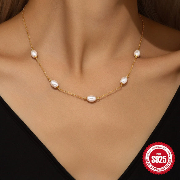 Wholesale Women's S925 Sterling Silver Pearl Ochain Necklace With Geometric Design And Electroplating Treatment