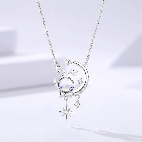 Wholesale Women's S925 Sterling Silver Rabbit And Zodiac Inlaid Necklace With Cross Chain