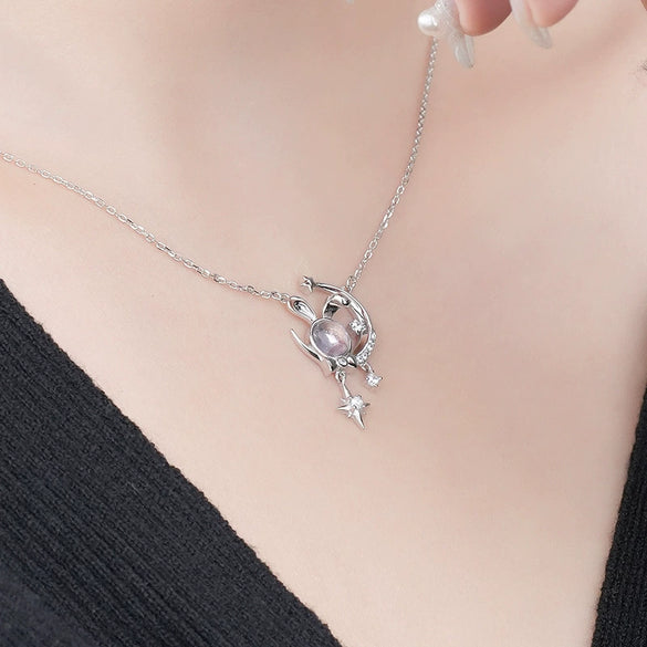 Wholesale Women's S925 Sterling Silver Rabbit And Zodiac Inlaid Necklace With Cross Chain