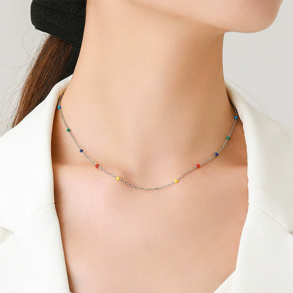Wholesale Women's S925 Sterling Silver Rainbow Peas Clavicle Chain With Dripping Glue Design