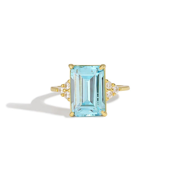 Wholesale Women's S925 Sterling Silver Rectangular Sea Blue Zircon Diamond Ring Geometric Style Electroplated