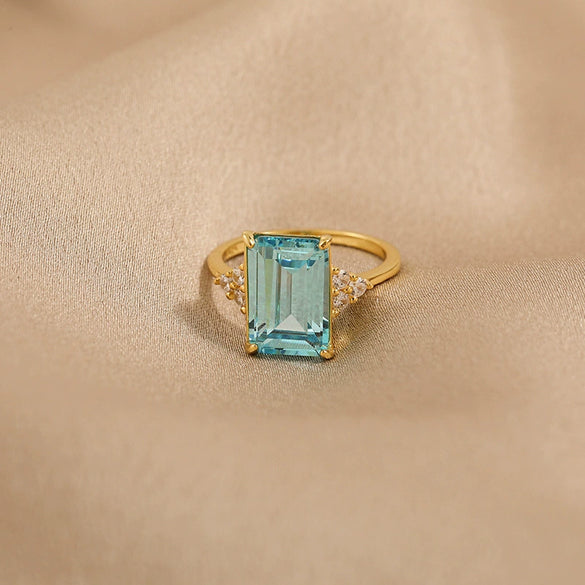 Wholesale Women's S925 Sterling Silver Rectangular Sea Blue Zircon Diamond Ring Geometric Style Electroplated