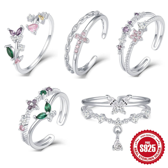 Wholesale Women's S925 Sterling Silver Ring With Colorful Zircon Inlaid Flower Design Opening Adjustable Electroplated