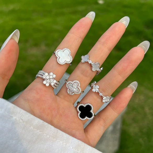 Wholesale Women's S925 Sterling Silver Ring With Four Leaf Clover And Zircon Separable Design Flower Pattern