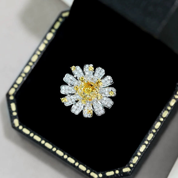 Wholesale Women's S925 Sterling Silver Ring With Yellow Zircon Flower Ushaped Dropshaped Geometric Design Electroplated