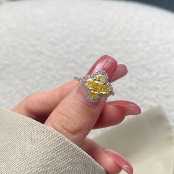 Wholesale Women's S925 Sterling Silver Ring With Yellow Zircon Flower Ushaped Dropshaped Geometric Design Electroplated