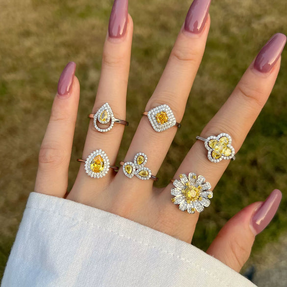 Wholesale Women's S925 Sterling Silver Ring With Yellow Zircon Flower Ushaped Dropshaped Geometric Design Electroplated