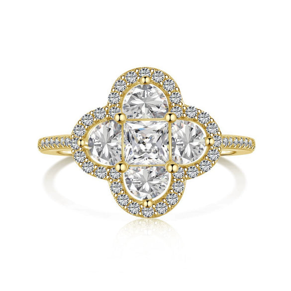 Wholesale Women's S925 Sterling Silver Ring With Zircon Inlaid Butterfly And Clover Letter Design Light Luxury Geometric Style Electroplated