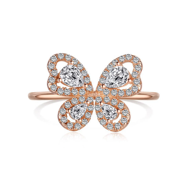 Wholesale Women's S925 Sterling Silver Ring With Zircon Inlaid Butterfly And Clover Letter Design Light Luxury Geometric Style Electroplated