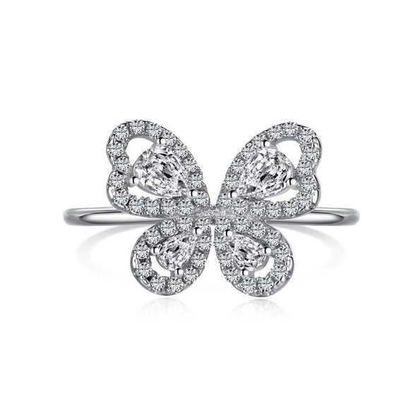 Wholesale Women's S925 Sterling Silver Ring With Zircon Inlaid Butterfly And Clover Letter Design Light Luxury Geometric Style Electroplated