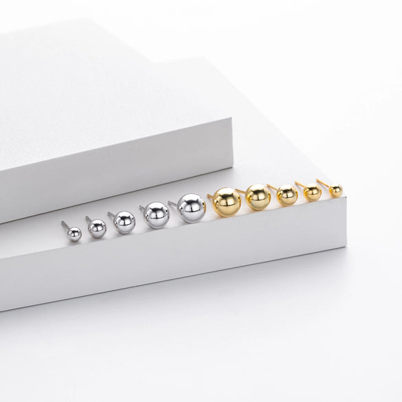 Wholesale Women's S925 Sterling Silver Simple Geometric Bean Round Bead Ear Sticks Piercing Jewelry Electroplated