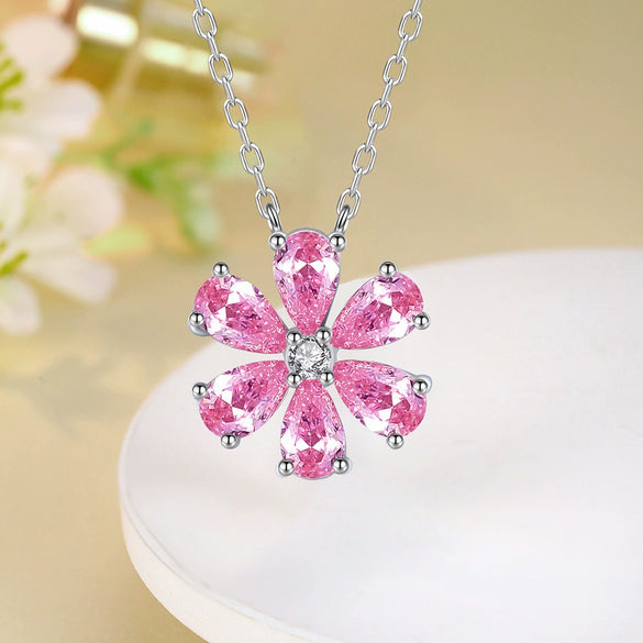 Wholesale Women's S925 Sterling Silver Sixpetal Flower Pendant Necklace With Electroplating And Cross Chain