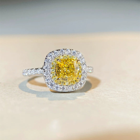 Wholesale Women's S925 Sterling Silver Square Geometric Ring With Yellow Diamond And Zircon Electroplated