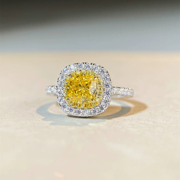 Wholesale Women's S925 Sterling Silver Square Geometric Ring With Yellow Diamond And Zircon Electroplated