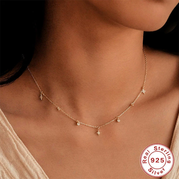 Wholesale Women's S925 Sterling Silver Stacked Star Gold Ball Hanging Pendant Clavicle Necklace With O Chain And Electroplating Design