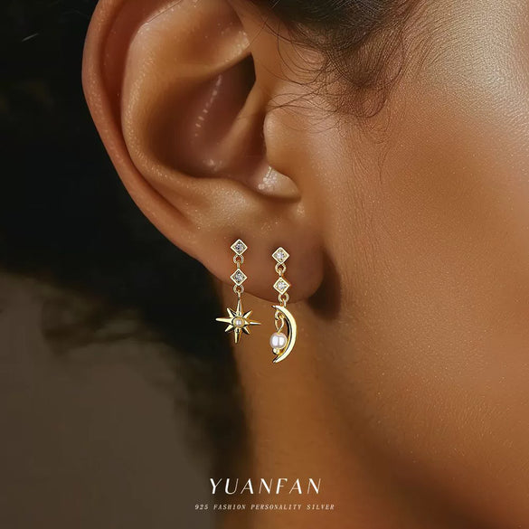 Wholesale Women's S925 Sterling Silver Star Moon Tassel Earrings With Zirconia Design