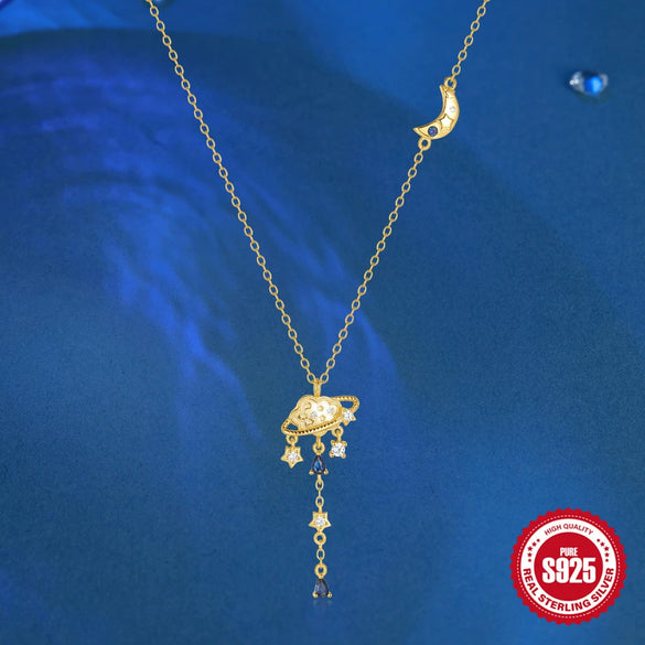 Wholesale Women's S925 Sterling Silver Sun Moon Star Cloud Planet Pendant Necklace With Water Drops Tassel And Electroplating Ochain