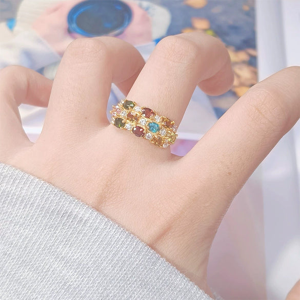 Wholesale Women's S925 Sterling Silver Tourmaline Geometric Ring Set With Gems Bohemian Style